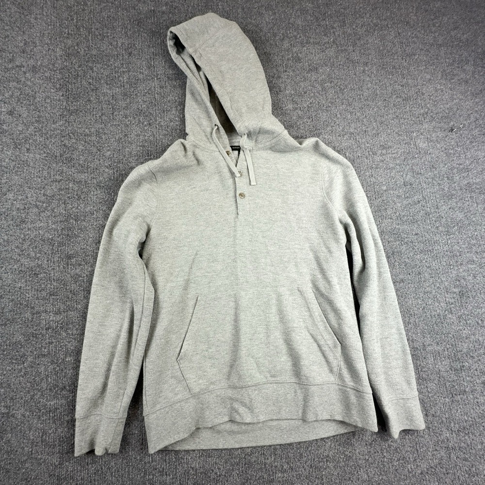 Banana Republic Hoodie Mens Large Gray Thermal Henley Knit Kangaroo Pocket
